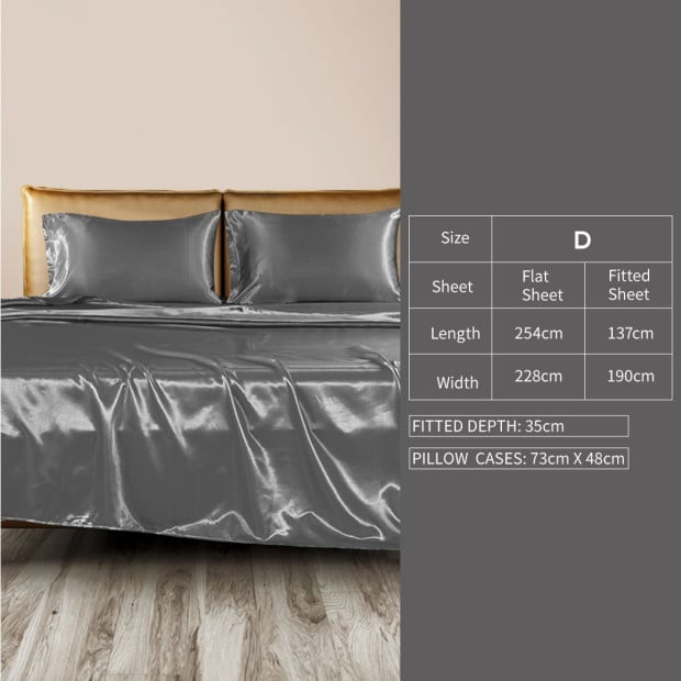 Silky Satin Fitted Flat Bed Sheet Pillowcases Summer Double Grey Image 11