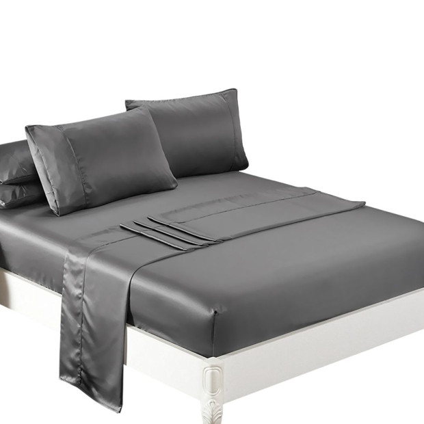 Silky Satin Fitted Flat Bed Sheet Pillowcases Summer Double Grey Image 9