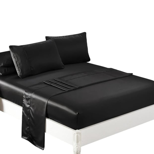 Silky Satin Sheets Fitted Flat Bed Sheet Pillowcases Summer King Black Image 9