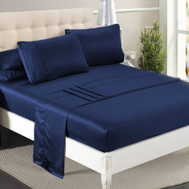 Silky Satin Sheets Fitted Flat Bed Sheet Pillowcases Summer Queen Blue Image 8