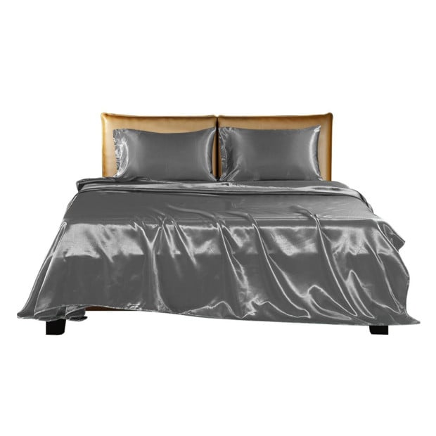 Silky Satin Sheets Fitted Flat Bed Sheet Pillowcases Summer Queen Grey Image 2