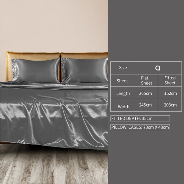 Silky Satin Sheets Fitted Flat Bed Sheet Pillowcases Summer Queen Grey Image 3
