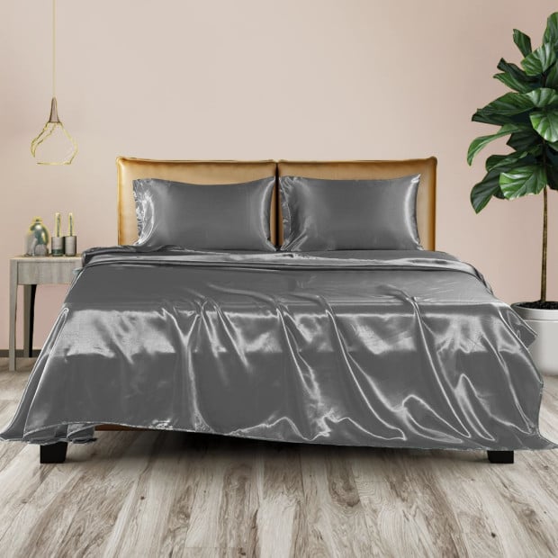 Silky Satin Sheets Fitted Flat Bed Sheet Pillowcases Summer Queen Grey Image 7