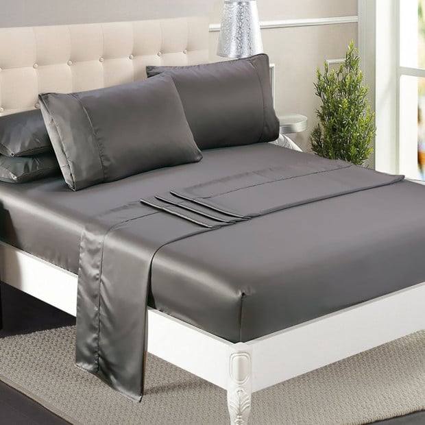 Silky Satin Sheets Fitted Flat Bed Sheet Pillowcases Summer Queen Grey Image 8