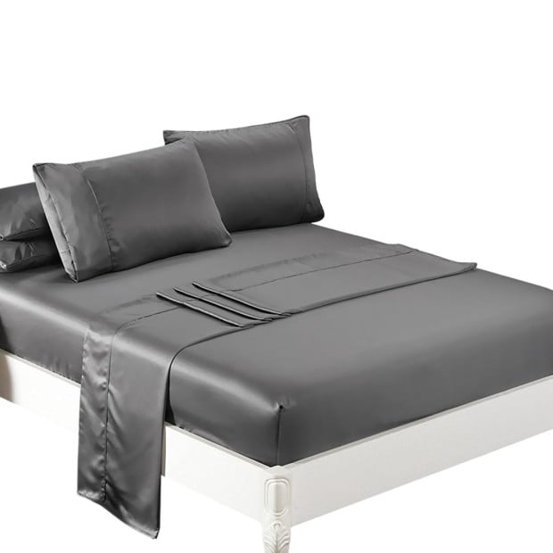 Silky Satin Sheets Fitted Flat Bed Sheet Pillowcases Summer Queen Grey