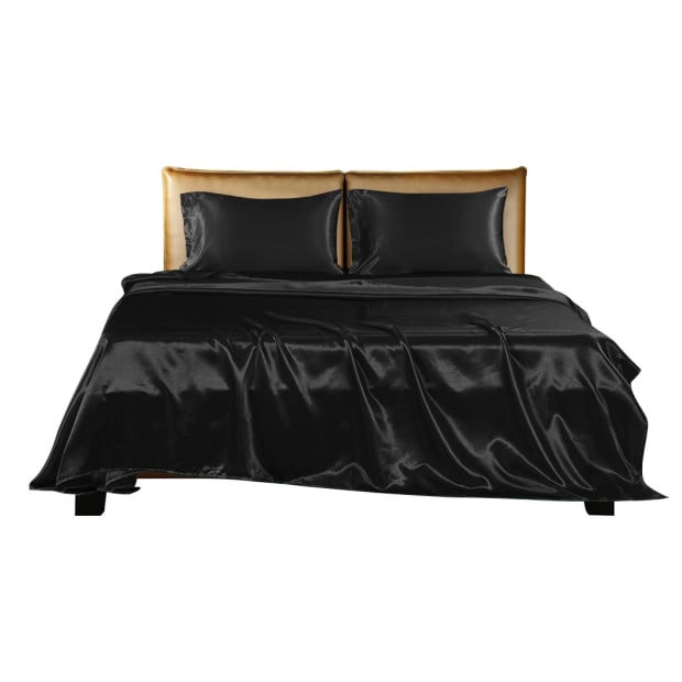 Silky Satin Fitted Flat Bed Sheet Pillowcases Summer Single Black Image 2