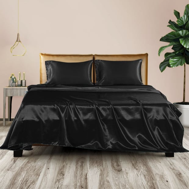 Silky Satin Fitted Flat Bed Sheet Pillowcases Summer Single Black Image 7