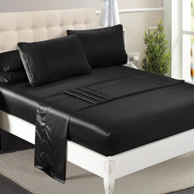 Silky Satin Fitted Flat Bed Sheet Pillowcases Summer Single Black Image 8