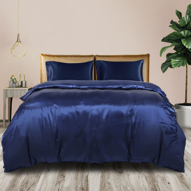 Silky Satin Quilt Cover Set Bedspread Pillowcases Summer Double Blue Image 7