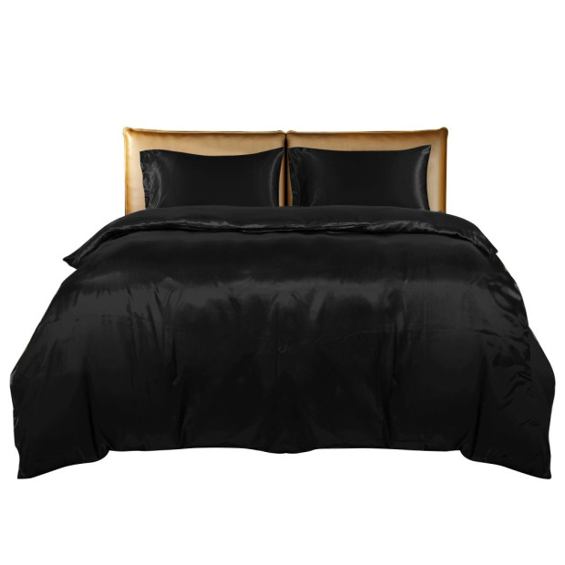 Silky Satin Quilt Cover Set Pillowcases Summer King Single Black Image 2