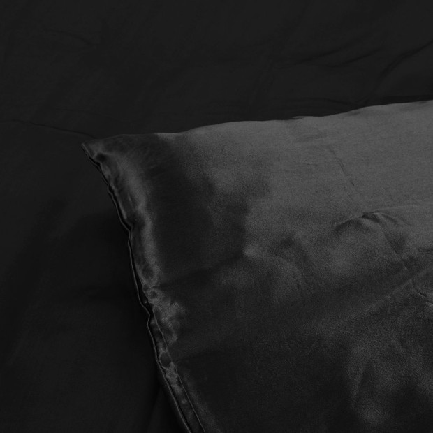 Silky Satin Quilt Cover Set Pillowcases Summer King Single Black Image 4