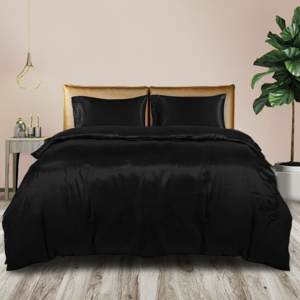 Silky Satin Quilt Cover Set Pillowcases Summer King Single Black Image 7