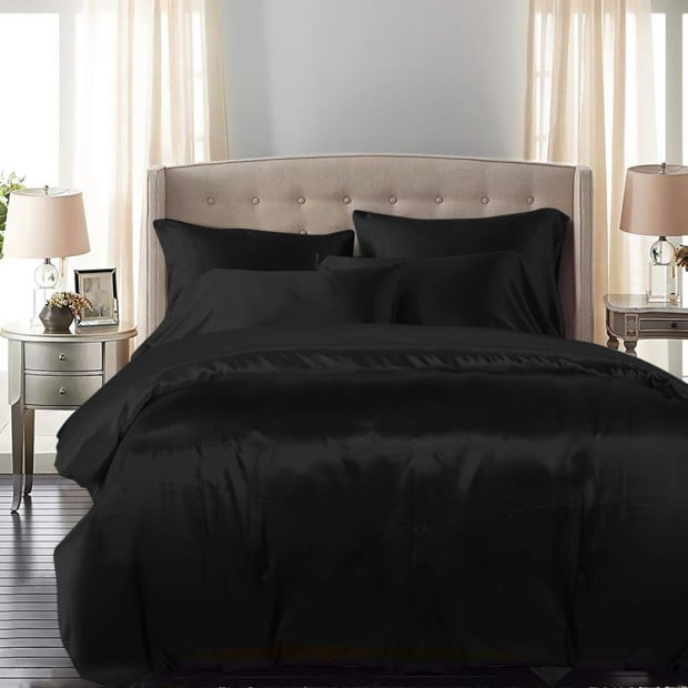 Silky Satin Quilt Cover Set Pillowcases Summer King Single Black Image 8