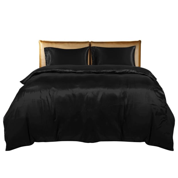 Silky Satin Quilt Cover Set Bedspread Pillowcases Summer Single Black Image 2