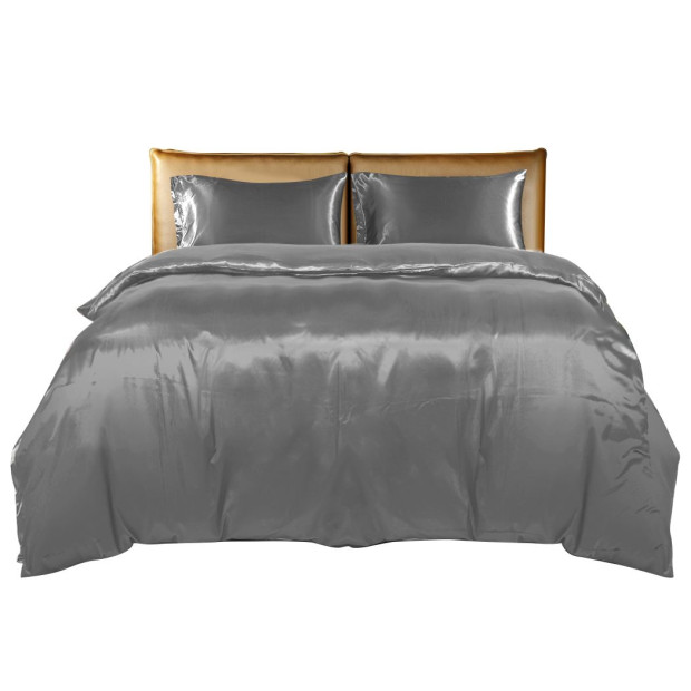 Silky Satin Quilt Cover Set Bedspread Pillowcases Summer Single Grey Image 2