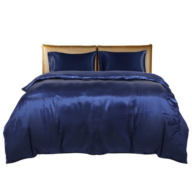 Silky Satin Quilt Cover Set Pillowcases Summer Super King Blue Image 2