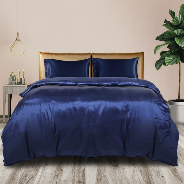 Silky Satin Quilt Cover Set Pillowcases Summer Super King Blue Image 7