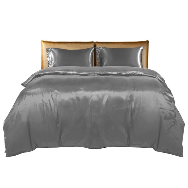 Silky Satin Quilt Cover Set Pillowcases Summer Super King Grey Image 2