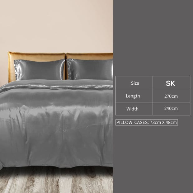 Silky Satin Quilt Cover Set Pillowcases Summer Super King Grey Image 3