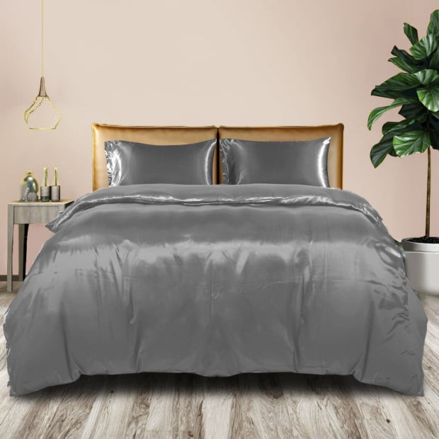 Silky Satin Quilt Cover Set Pillowcases Summer Super King Grey Image 7