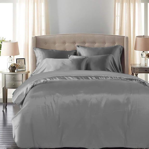 Silky Satin Quilt Cover Set Pillowcases Summer Super King Grey Image 8