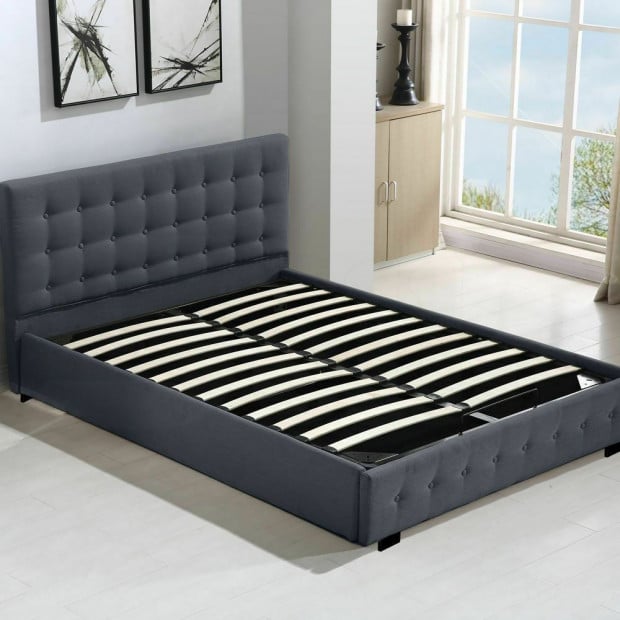 Gas Lift Bed Frame Fabric Base Storage Queen Size Dark Grey Image 2