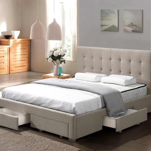 Fabric Upholstered Bed Frame With Drawers King Beige Image 2