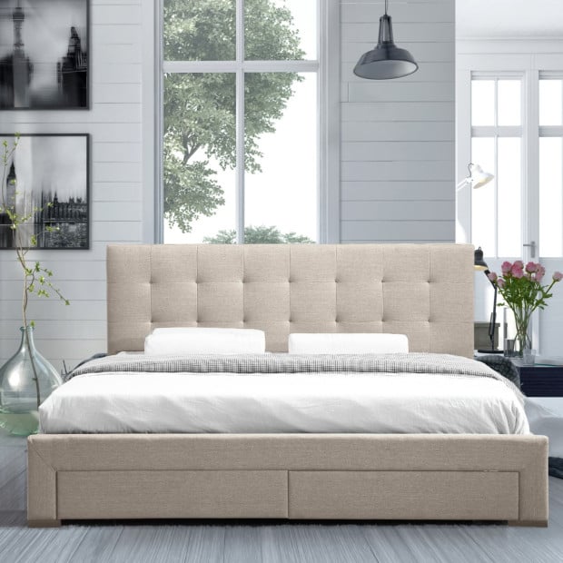 Fabric Upholstered Bed Frame With Drawers King Beige Image 3