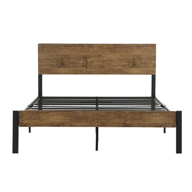 Metal Bed Frame Queen Size Mattress Platform Wooden Headboard Brown Image 2