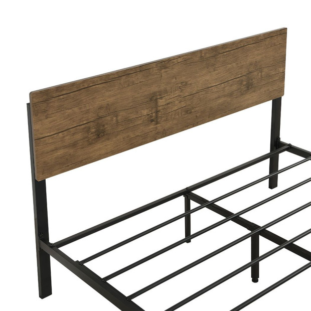 Metal Bed Frame Queen Size Mattress Platform Wooden Headboard Brown Image 4