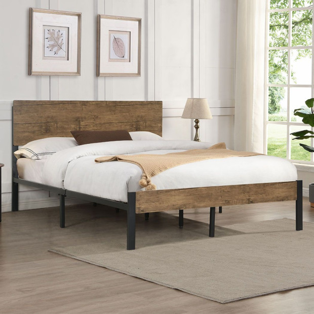Metal Bed Frame Queen Size Mattress Platform Wooden Headboard Brown Image 7