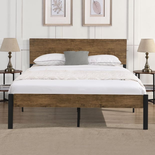 Metal Bed Frame Queen Size Mattress Platform Wooden Headboard Brown Image 8