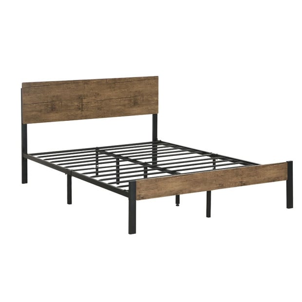 Metal Bed Frame Queen Size Mattress Platform Wooden Headboard Brown