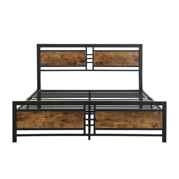Metal Bed Frame Queen Size Mattress Platform Wooden Headboard Black Image 2