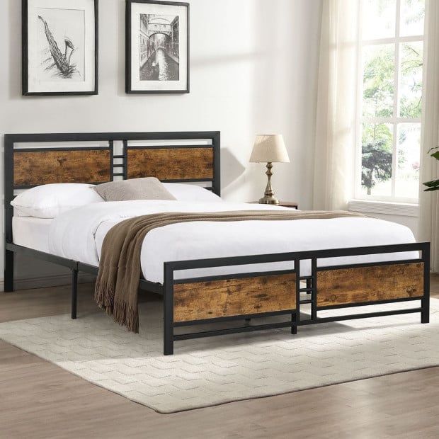 Metal Bed Frame Queen Size Mattress Platform Wooden Headboard Black Image 7