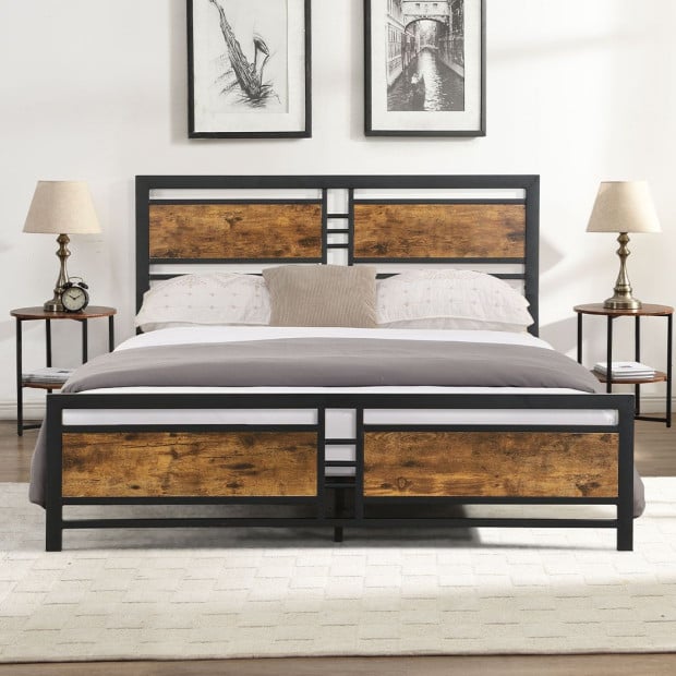 Metal Bed Frame Queen Size Mattress Platform Wooden Headboard Black Image 8