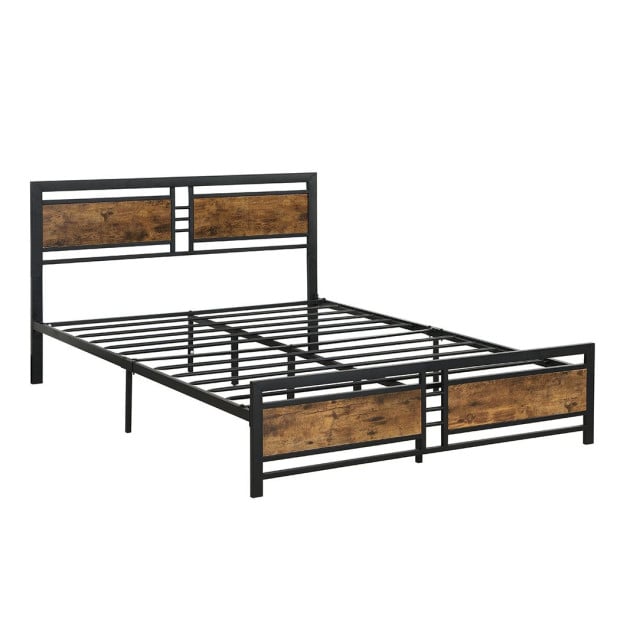 Metal Bed Frame Queen Size Mattress Platform Wooden Headboard Black