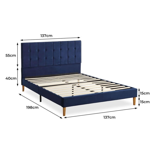 Bed Frame Mattress Base Platform Wooden Velevt Headboard Blue Double Image 3