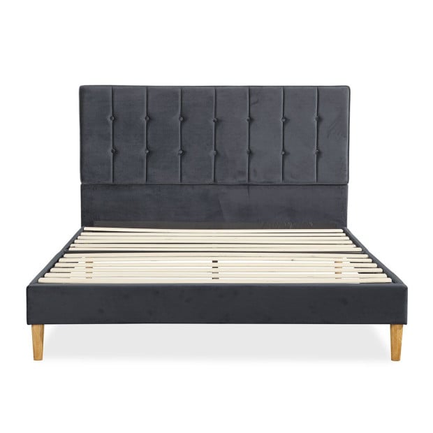 Bed Frame Queen Mattress Base Platform Wooden Velvet Headboard Grey Image 2