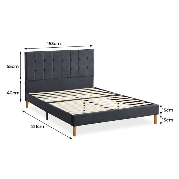 Bed Frame Queen Mattress Base Platform Wooden Velvet Headboard Grey Image 3