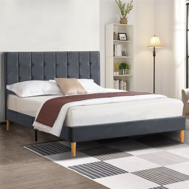 Bed Frame Queen Mattress Base Platform Wooden Velvet Headboard Grey Image 7