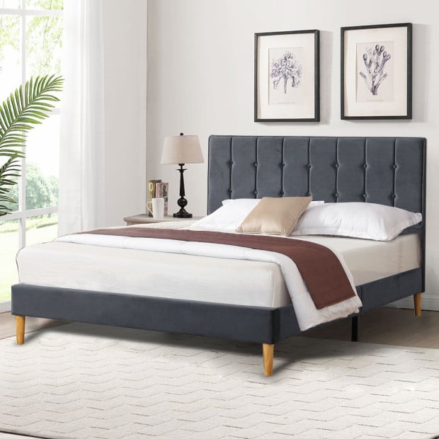 Bed Frame Queen Mattress Base Platform Wooden Velvet Headboard Grey Image 8