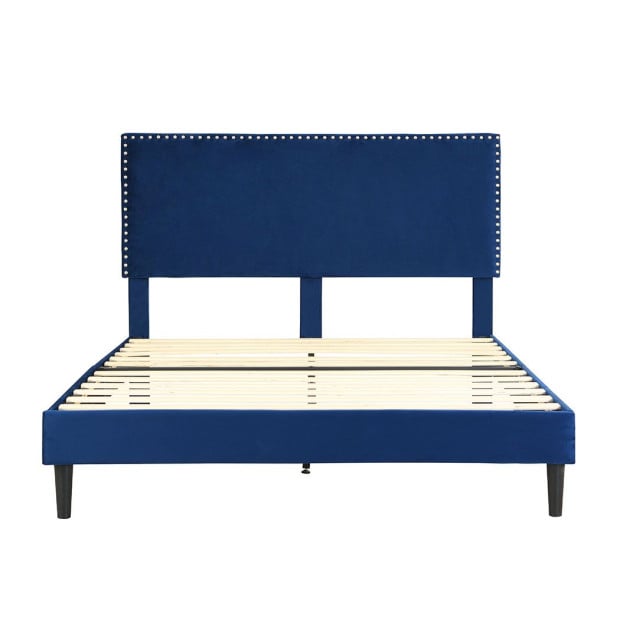 Bed Frame Queen Mattres Base Platform Wooden Velvet Headboard Blue Image 2