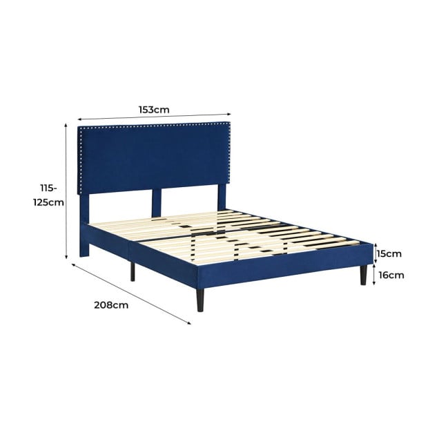 Bed Frame Queen Mattres Base Platform Wooden Velvet Headboard Blue Image 3