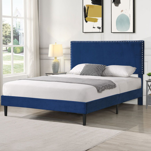 Bed Frame Queen Mattres Base Platform Wooden Velvet Headboard Blue Image 7