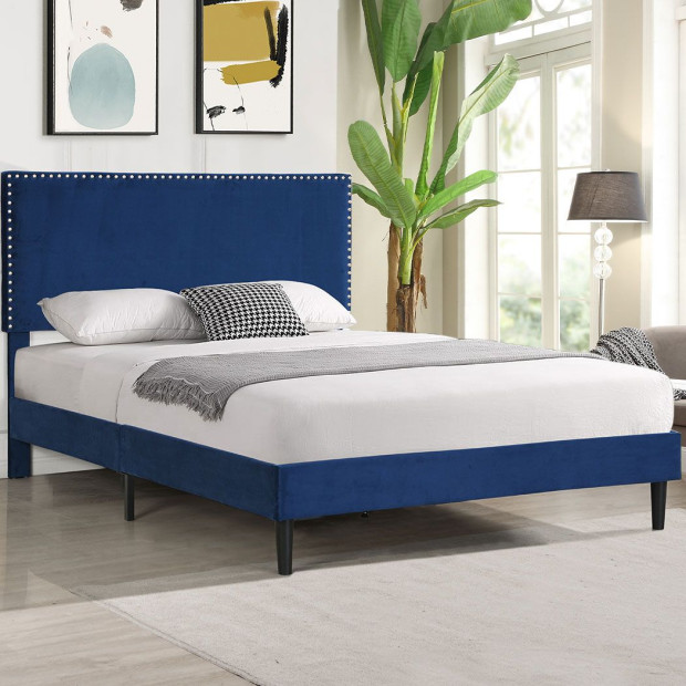 Bed Frame Queen Mattres Base Platform Wooden Velvet Headboard Blue Image 8