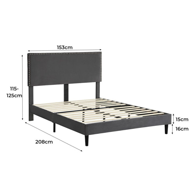 Bed Frame Queen Mattress Base Platform Wooden Velevt Headboard Grey Image 3