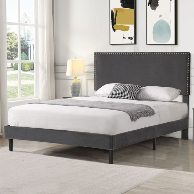 Bed Frame Queen Mattress Base Platform Wooden Velevt Headboard Grey Image 7