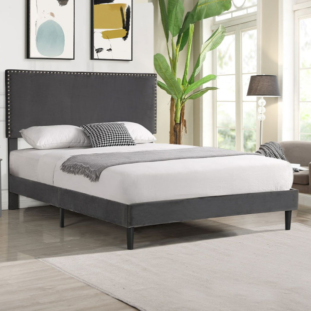 Bed Frame Queen Mattress Base Platform Wooden Velevt Headboard Grey Image 8