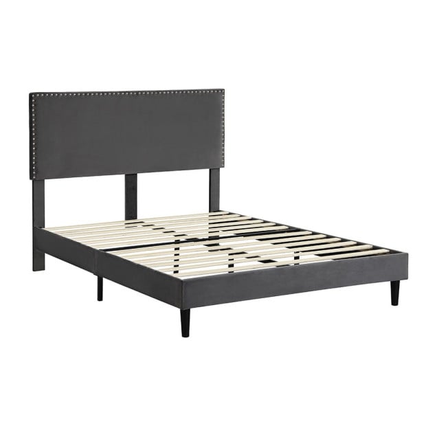 Bed Frame Queen Mattress Base Platform Wooden Velevt Headboard Grey